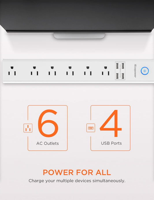 Power Strip with 10 Feet, Surge Protector with 6 AC Outlets and 4 USB Ports, 10 Ft Extension Cord for for Home, Office, Dorm Essentials, 2100 Joules, ETL Listed (White)