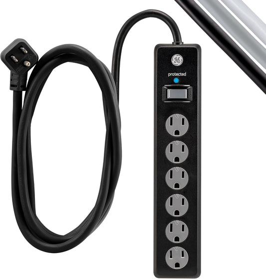 6-Outlet Sur Protector, 15 Ft Extension Cord, Power Strip, 800 Joules, Flat Plug, Twist-To-Close Safety Covers, Protected Indicator Light, ETL Listed, Black, 50767